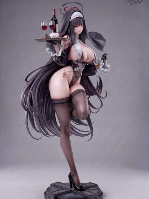 Three-quarter front view of Baby Girl Studio Tsukatsuki Rio The Forbidden Nun statue holding a wine tray on a cross base