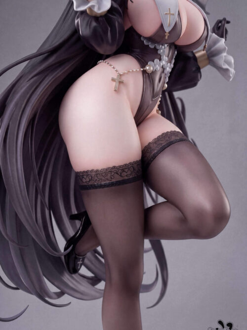 Close-up view of Baby Girl Studio Tsukatsuki Rio The Forbidden Nun statue showing outfit details, cross chain, and lace-top stockings