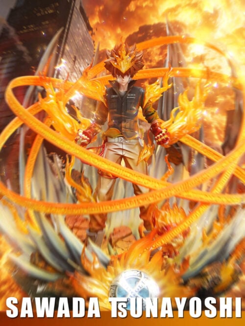 Front view of the Arcobaleno Studio Tsunayoshi Sawada Ozora Series 1/6 statue surrounded by translucent orange flame rings and spiky shards against a fiery background.