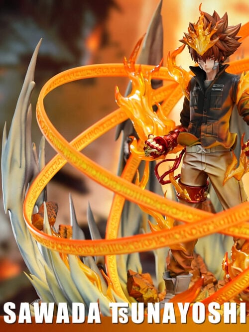 Three-quarter view of the Tsunayoshi Sawada Ozora Series statue alongside three inset close-ups of the base, Natsu the lion cub, and the Vongola Famiglia emblem.