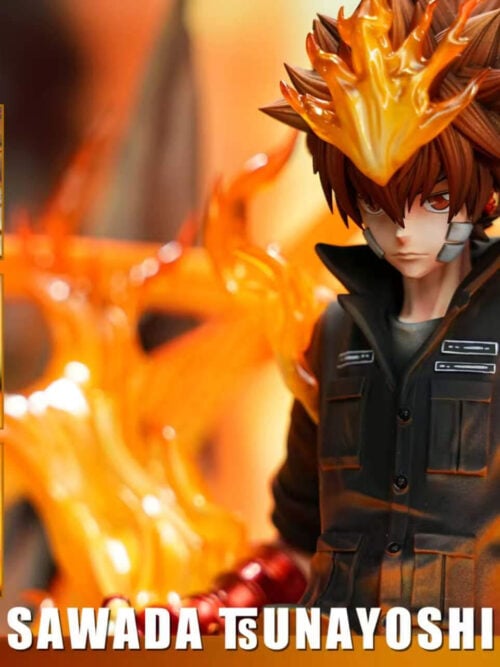 Upper-body close-up of the Tsunayoshi Sawada statue with three inset views showing his red gauntlet, side profile, and right thigh band.