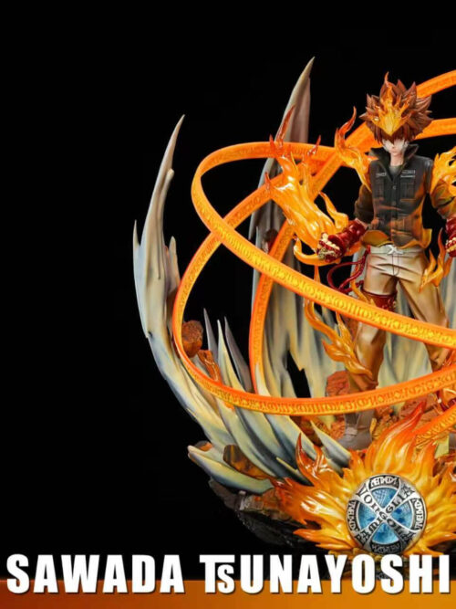 Full front view of the Tsunayoshi Sawada Ozora Series statue against a black background with three inset close-ups of the gauntlets and thigh band.