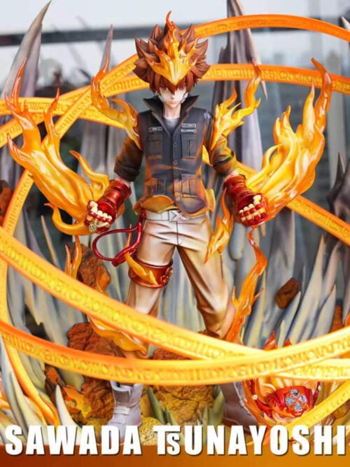 Front view of the physical Tsunayoshi Sawada Ozora Series statue in natural lighting, showing the translucent flame effects, script rings, and spiky base.