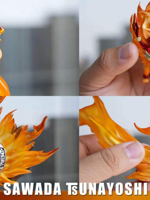 Four-panel collage showing hands holding the Natsu lion cub figure, the Vongola Famiglia base emblem, and translucent flame effect parts.