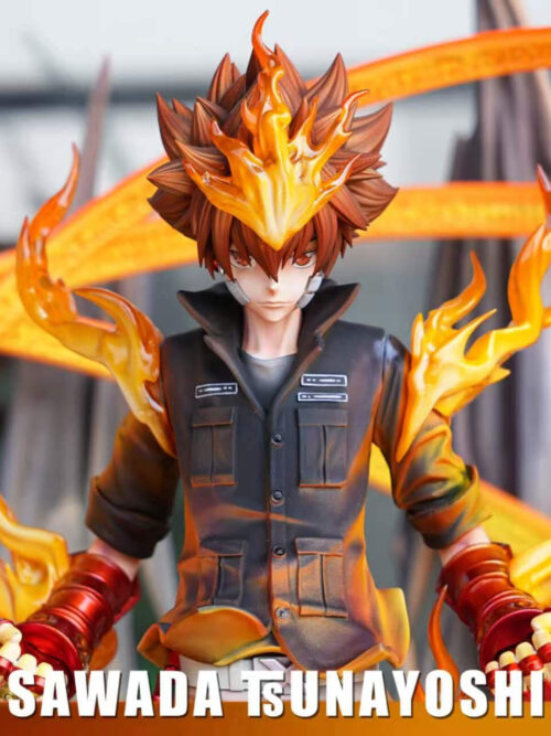 Close-up of the Tsunayoshi Sawada figure from the waist up, framed by translucent orange flames rising from his forehead, shoulders, and gauntlets.