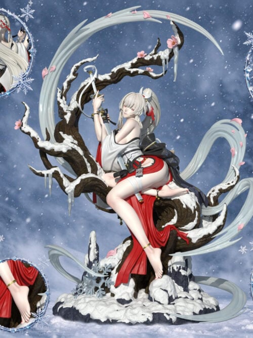 Promotional render of the ForestRabbit Studio Hiyuki 1/6 scale statue from Wuthering Waves seated on a snow-covered plum tree base, surrounded by six circular inset close-ups of her face, hair, outfit, and foot details.