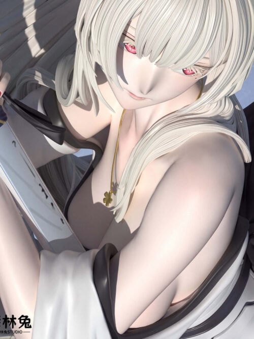 High-angle close-up render of the Hiyuki statue showing her white hair, red eyes, goldfour-leaf pendant, upper torso, and hand gripping the sword hilt.