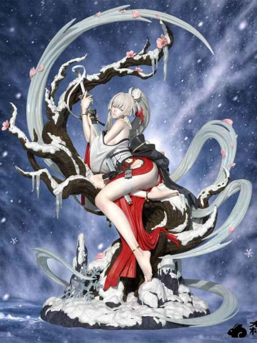 Full front render of the ForestRabbit Studio Hiyuki 1/6 statue seated on a snowy plum tree display base with icicles, pink blossoms, and curving pale ribbons while holding her sword.