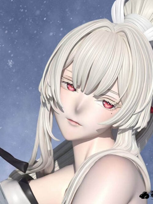 Close-up portrait render of the Hiyuki statue highlighting her face, red eyes, white ponytail with red hair ornament, and fingers resting on the sword hilt.