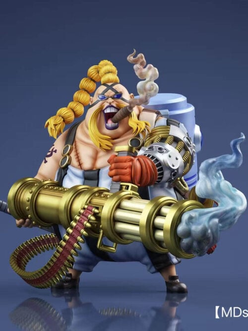 Front render of the MDS Studio Queen human form figure from One Piece holding a gold Gatling gun with an ammunition belt, blue muzzle smoke effect, and a smoking cigar.