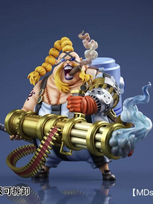 Front render of the MDS Studio Queen human form figure with a gold Gatling gun, including a bottom-left text note about the magnetic detachable muzzle smoke effect.