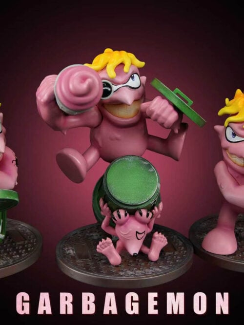 VG Studio Garbagemon Trio and Tyumon figures from Digimon Adventure displayed together on three round manhole cover bases