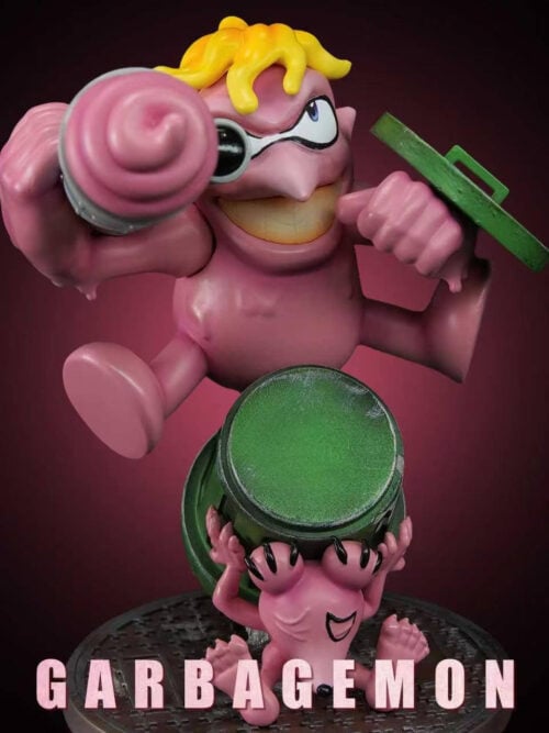 Close-up of the leaping Garbagemon figure holding a cannon and trash can lid above Tyumon holding a green bin on a manhole cover base