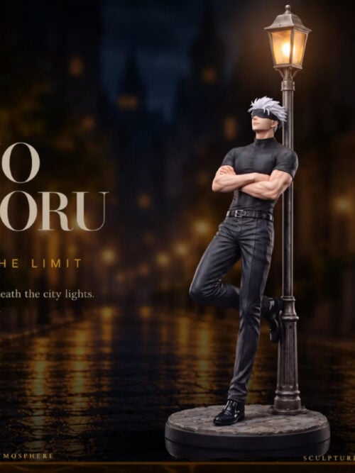 Mikasa Studio Jujutsu Kaisen Satoru Gojo Nightfall Series 1/6 statue with blindfolded head leaning against a lit street lamp