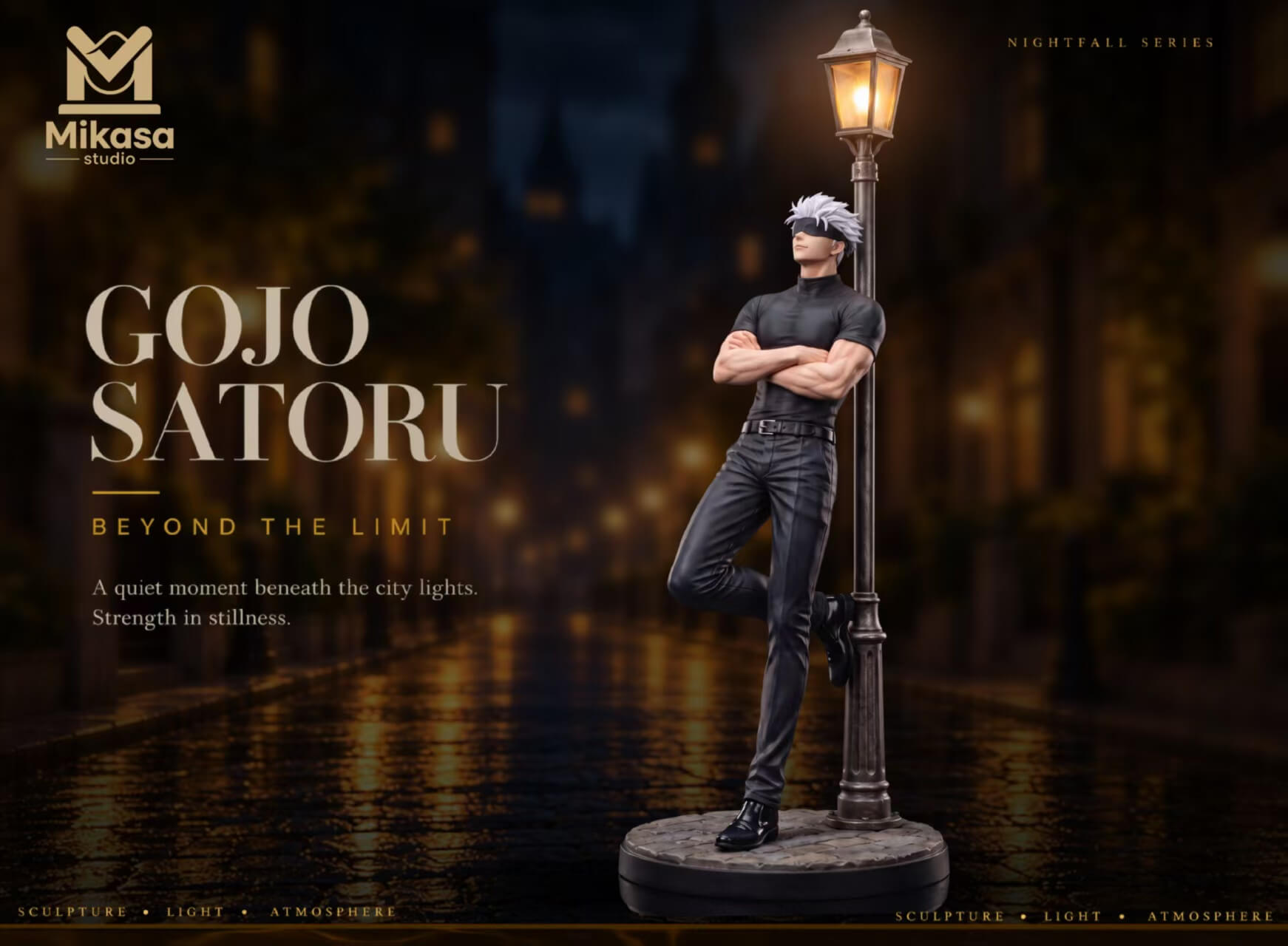 Satoru Gojo Nightfall Series Blindfolded Head Render Mikasa Studio Jujutsu Kaisen Satoru Gojo Nightfall Series 1/6 statue with blindfolded head leaning against a lit street lamp