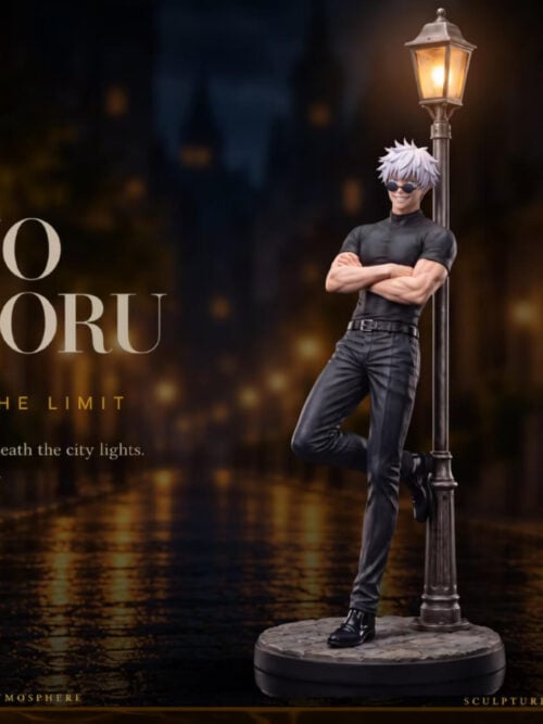 Mikasa Studio Jujutsu Kaisen Satoru Gojo Nightfall Series 1/6 statue with round sunglasses head leaning against a lit street lamp