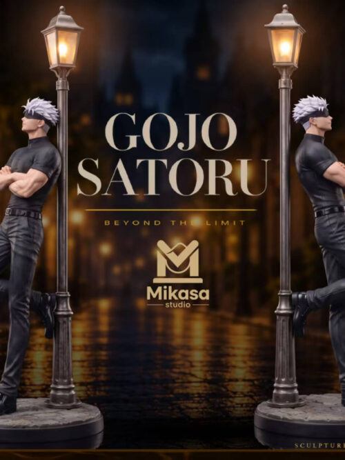 Two-angle view of the Mikasa Studio Satoru Gojo Nightfall Series 1/6 statue showing front-left and side profiles against the lit street lamp