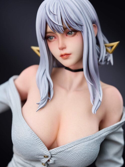 Close-up view of the LUNA Studio Scarlet statue highlighting the facial sculpt, beauty mark under her eye, silver hair, gold hairpins, black choker, and gray ribbed cardigan.
