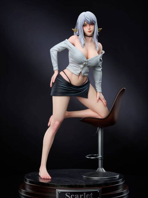 Full-body front view of the LUNA Studio 1/4 scale Scarlet statue from Stellar Blade in a gray off-shoulder cardigan and black miniskirt, posed with one knee on a bar chair atop a circular base with a Scarlet nameplate.