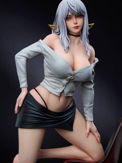 Medium front view of the LUNA Studio Scarlet 1/4 scale statue showing her silver hair with gold triangular hairpins, black choker, buttoned gray ribbed off-shoulder cardigan, and black miniskirt.