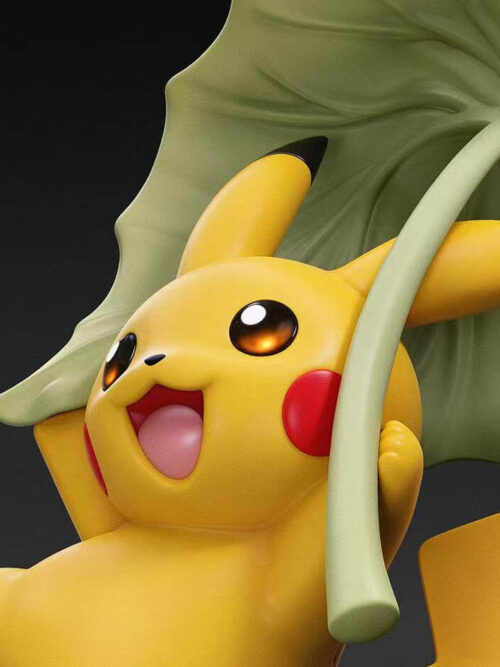 Close-up render of Pikachu's smiling face, red cheeks, and hands holding the curved green leaf stem on the 30th Anniversary Vol. 12 figure.