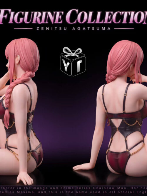 Side-by-side render showing the left profile and rear views of the YI Studio 1/6 scale Makima seated figure in burgundy and black lingerie.