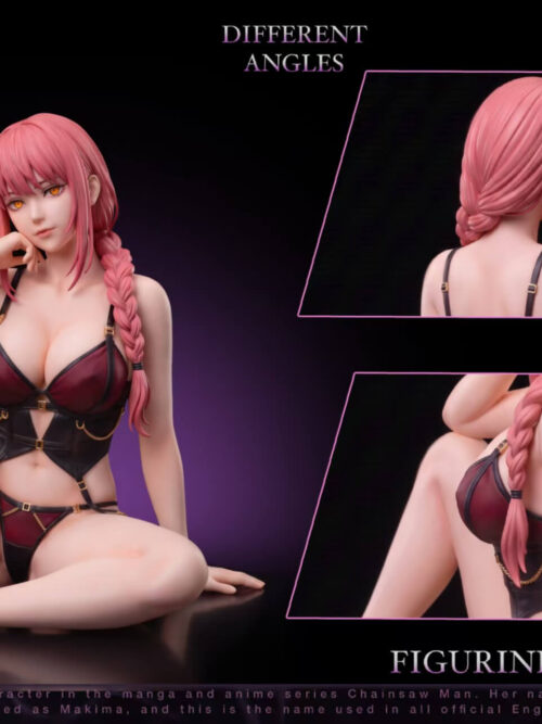 Multi-angle render of the YI Studio 1/6 scale Makima figure featuring a full front seated view on the left and two close-up insets of the back of her head and left upper torso on the right.