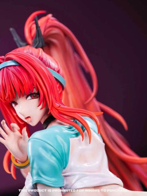 Close-up of the Rapi statue’s face, red eyes, raised hand, teal headband, black hair pieces, and long red ponytail against a dark background.