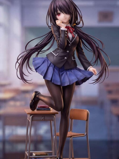 Front render of Candy Studio 1/6 scale Kurumi Tokisaki in school uniform with one shoe propped on a classroom desk base