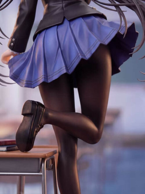 Close-up rear render of Kurumi Tokisaki figure showing the blue pleated skirt, dark tights, and loafer resting on the school desk