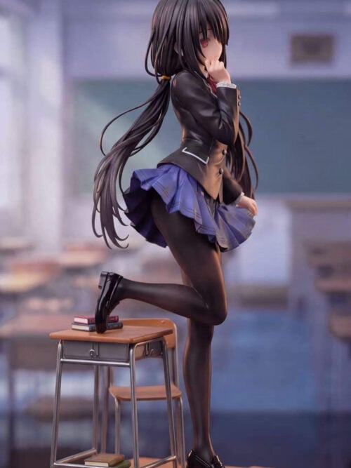 Side angle render of Candy Studio Kurumi Tokisaki school uniform figure standing on the classroom desk and book display base