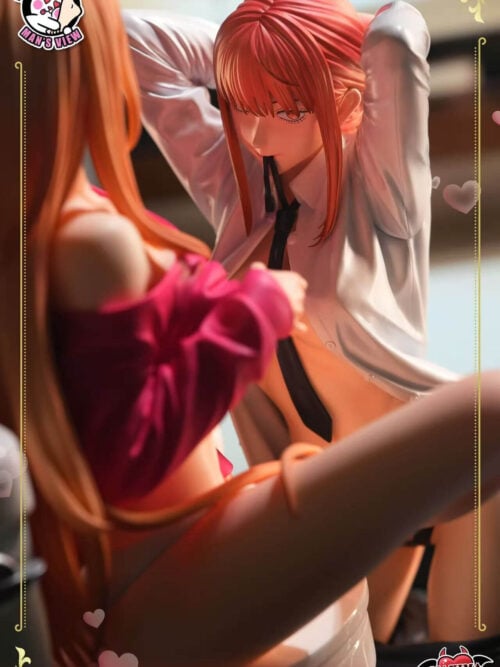 The kneeling Makima statue appears in the background with her arms raised and a black tie in her mouth, partly obscured by a long orange-haired figure wearing a pink top in the foreground.