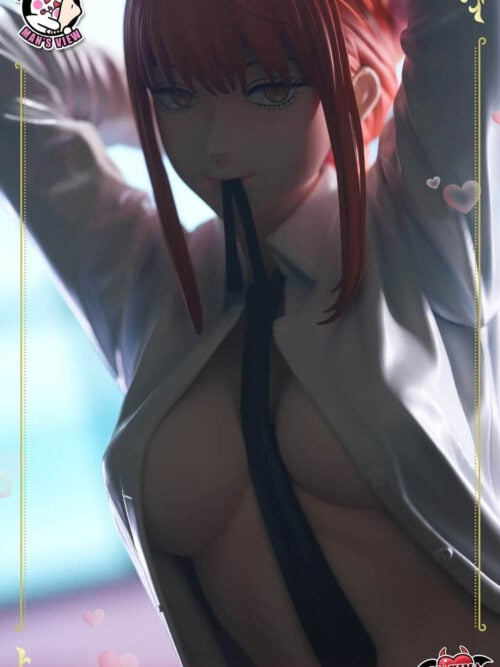 Tight close-up of the Makima statue’s face and chest, with red bangs, yellow eyes, the black tie loop between her lips, and the open white shirt framing her torso.