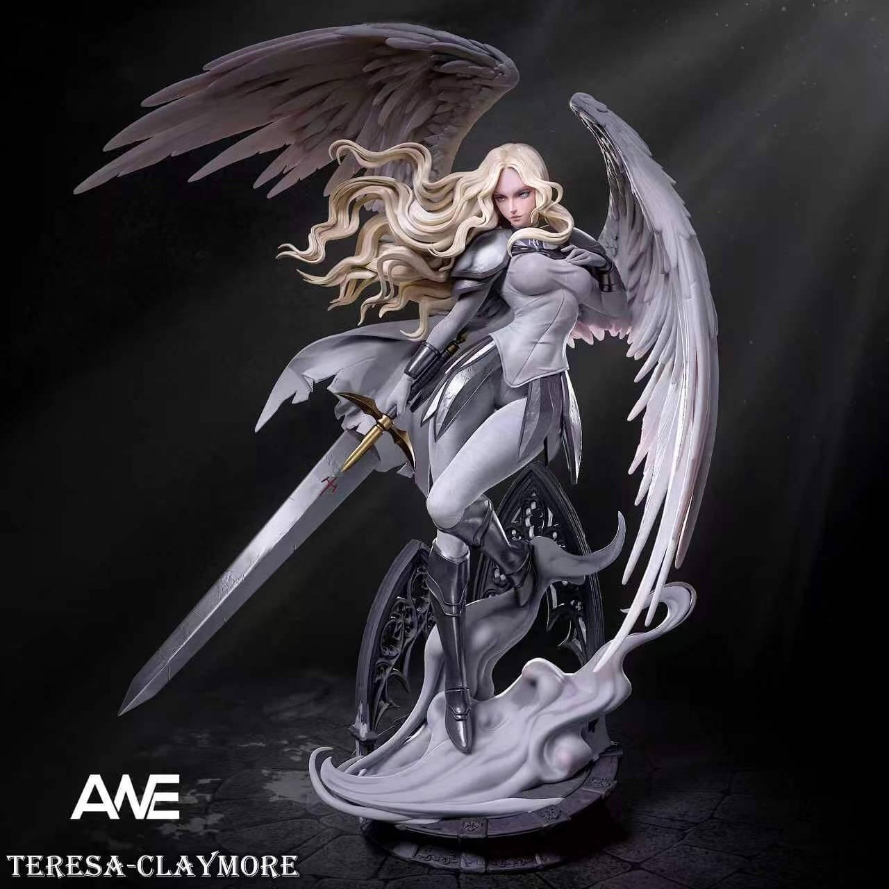 ANE Studio Teresa Claymore Statue Front View Front view render of the ANE Studio Teresa statue from Claymore holding a greatsword with large feathered wings and a Gothic arch base.