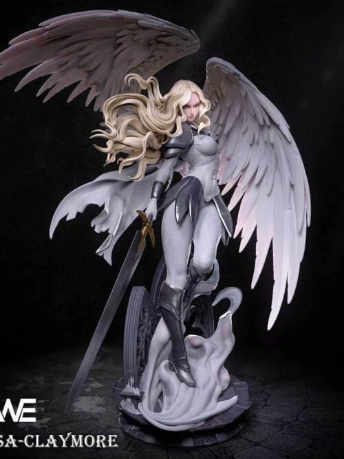 Front-left angled render of the ANE Studio Teresa statue showing her white armor outfit, greatsword, flowing blonde hair, and spread wings.