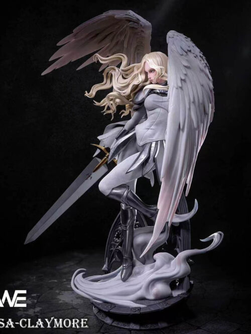 Front-right angled render of the ANE Studio Teresa statue highlighting the curved left wing, stepped pose, and swirling white drapery on the base.