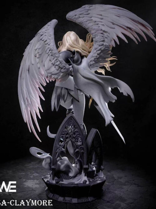 Rear view render of the ANE Studio Teresa statue showing the back of the feathered wings, torn white cape, and dark Gothic tracery arches on the round base.
