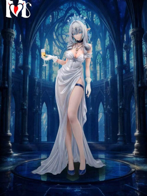 YM Studio Genshin Impact Anastasya Evening Gown Series 1/6 statue Version A in a white floor-length slit gown with white gloves and champagne glass, front view