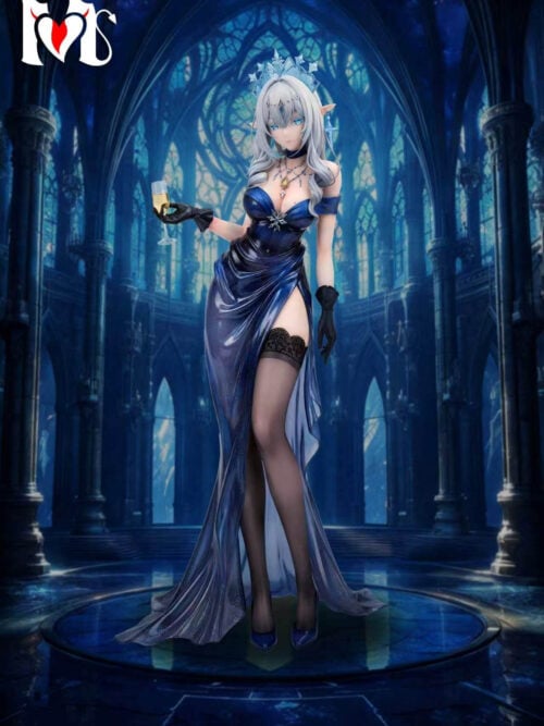 YM Studio Genshin Impact Anastasya Evening Gown Series 1/6 statue Version B in a deep blue slit gown with black gloves and lace-topped stockings, front view