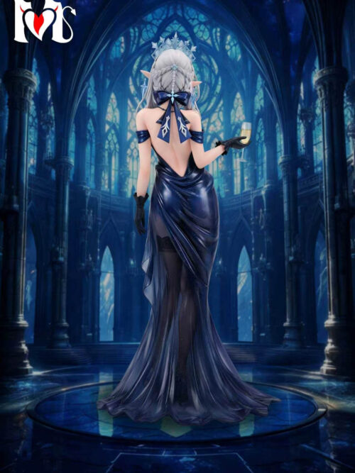 YM Studio Genshin Impact Anastasya Evening Gown Series 1/6 statue Version B rear view showing the open-back blue gown, braided silver hair with blue bow, and sheer skirt