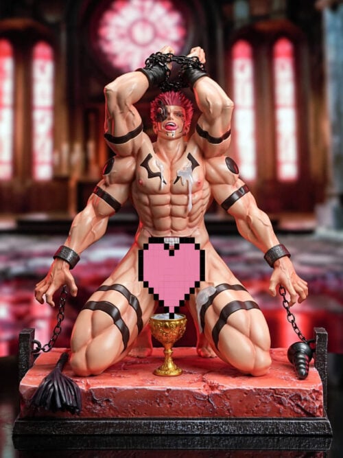 Front view of a muscular four-armed Ryomen Sukuna figure kneeling on a red platform, with upper wrists chained overhead, lower wrists chained to side posts, black body markings, and a gold chalice between the knees.