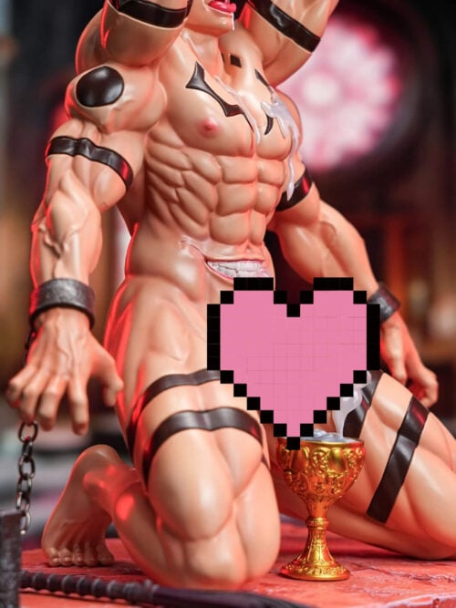 Three-quarter close-up of the kneeling figure’s sculpted torso, black chest markings, abdominal mouth, strapped thighs, and a chained lower wrist beside a gold chalice on the red base.