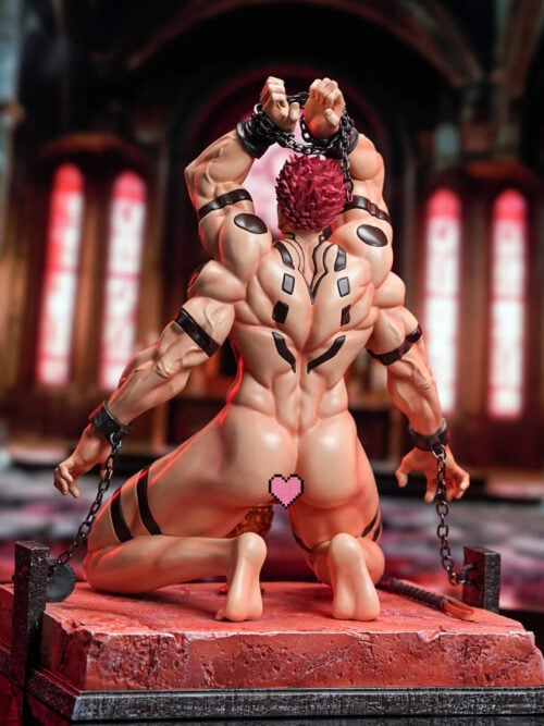 Rear view of the four-armed figure kneeling on the red platform, upper hands gripping overhead chains, black markings across the back, and lower wrists tethered to dark corner posts.