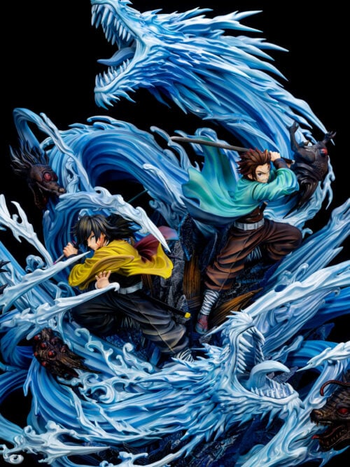 Medium front view of Giyu Tomioka and Tanjiro Kamado in combat poses surrounded by roaring water dragons, blue waves, and red-eyed demon heads.