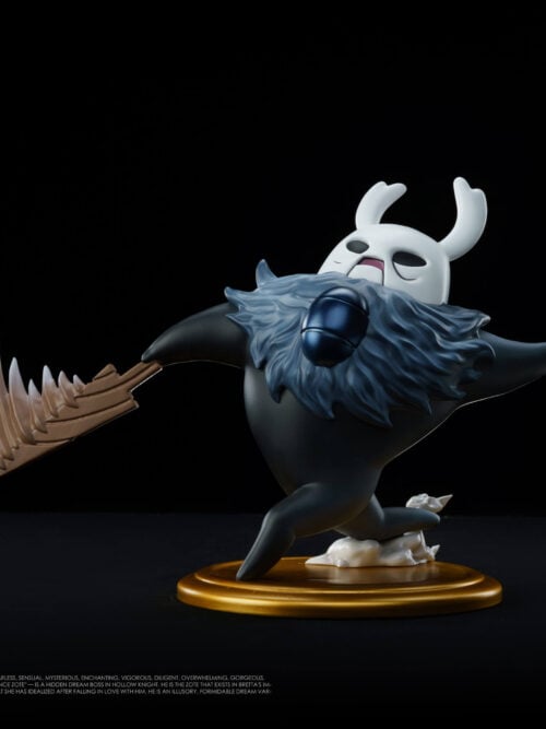 Full front view of the 27abyss Studio Zote the Mighty Grey Prince figure charging forward on a gold base with a horned white mask, blue-grey mane, and serrated brown blade.