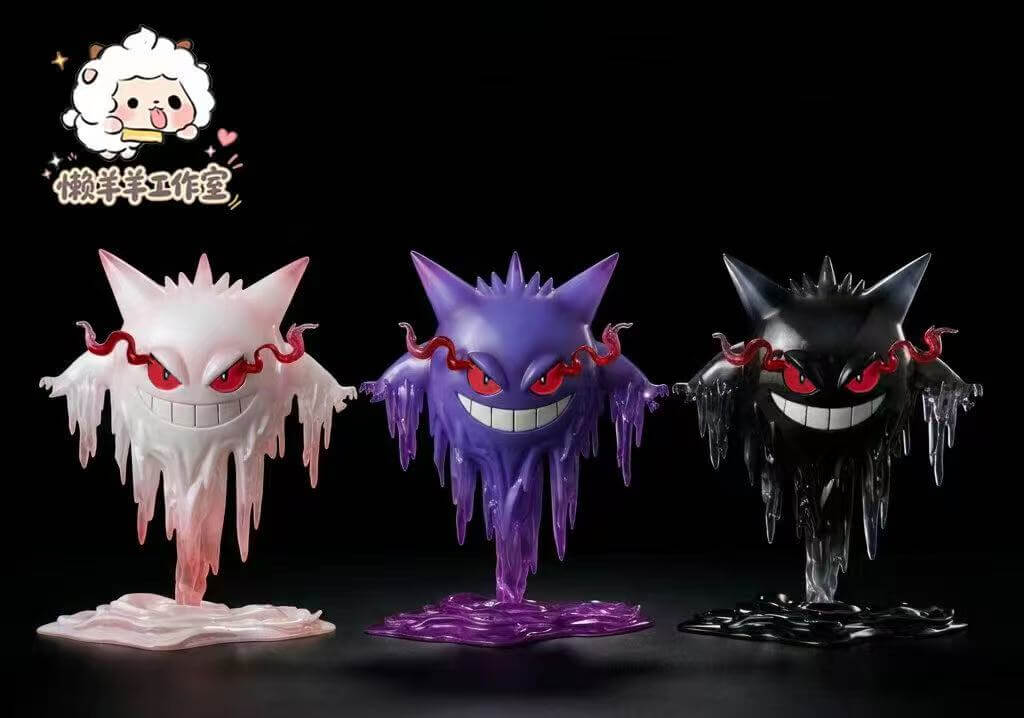 Shadow Gengar Fridge Magnet by LanYangYang Studio - Three Color Versions Comparison Front-view version comparison of the LanYangYang Studio Shadow Gengar fridge magnet showing the White with pink fade, Original Color purple, and Black variants side by side with translucent dripping bodies and puddle bases.