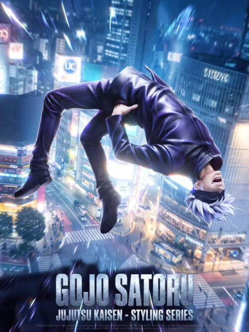 Promotional render of the WM Studio Satoru Gojo 1/6 scale figure in an arched backward mid-fall pose wearing a blindfold and dark uniform over a night cityscape background.