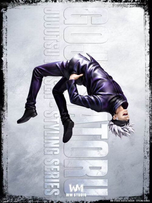 Right side view of the Satoru Gojo figure arched backward with his head tipped down, wearing a black blindfold and dark uniform with hands in his pockets against a gray graphic backdrop.