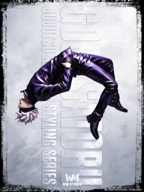 Left side view of the Satoru Gojo figure arched backward in a falling pose, showing his white hair, black blindfold, dark uniform, and bent legs against a gray graphic backdrop.