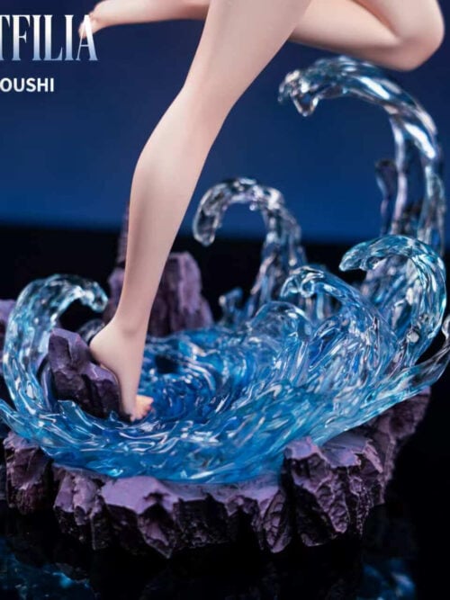 Close-up of the dark purple rocky base with translucent blue water splash effects and Lucy Heartfilia's bare foot standing in the center